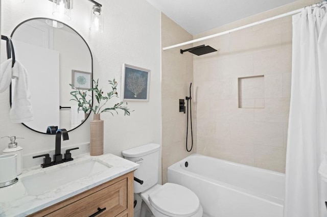 full bathroom with vanity, toilet, and shower / bathtub combination with curtain