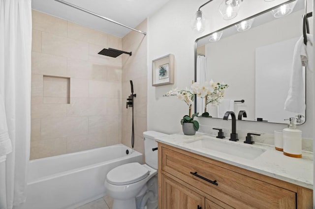 full bathroom with shower / tub combo with curtain, vanity, toilet, and tile patterned floors