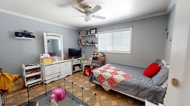 bedroom with ceiling fan and ornamental molding