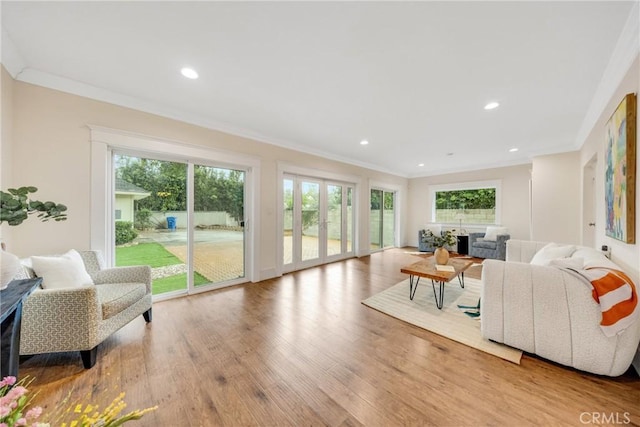 living area with crown molding, recessed lighting, and wood finished floors