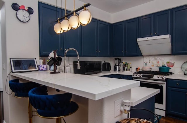 kitchen featuring exhaust hood, blue cabinets, a kitchen breakfast bar, stainless steel gas range, and hanging light fixtures