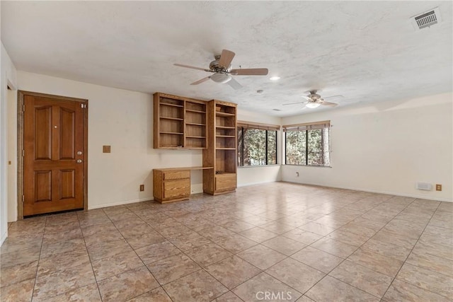 unfurnished living room with recessed lighting, visible vents, ceiling fan, and baseboards