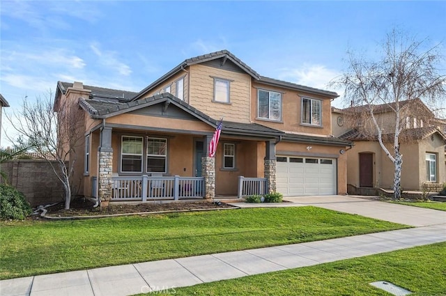 view of front of house featuring concrete driveway, stone siding, a porch, a front lawn, and stucco siding