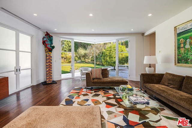 living room with dark hardwood / wood-style flooring and french doors