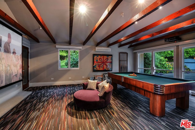 rec room featuring pool table, beam ceiling, and a wall unit AC