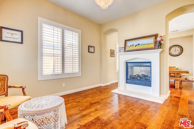 living area with light hardwood / wood-style flooring and a multi sided fireplace