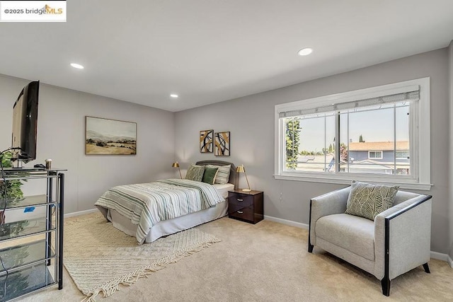 bedroom with light colored carpet