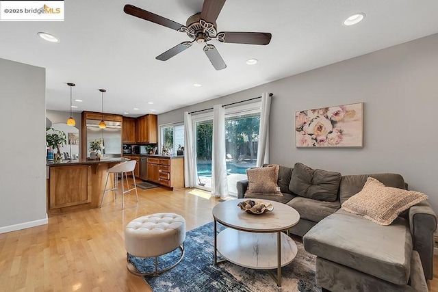 living room featuring ceiling fan and light hardwood / wood-style flooring