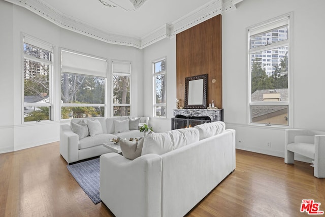 living room featuring wood-type flooring, ornamental molding, and plenty of natural light