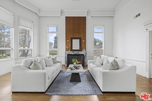 living room featuring hardwood / wood-style floors, crown molding, and a wealth of natural light