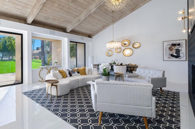 tiled living room with beamed ceiling, wooden ceiling, high vaulted ceiling, and a notable chandelier