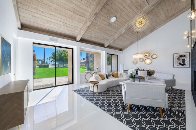 tiled living room featuring beam ceiling, wooden ceiling, a notable chandelier, and high vaulted ceiling