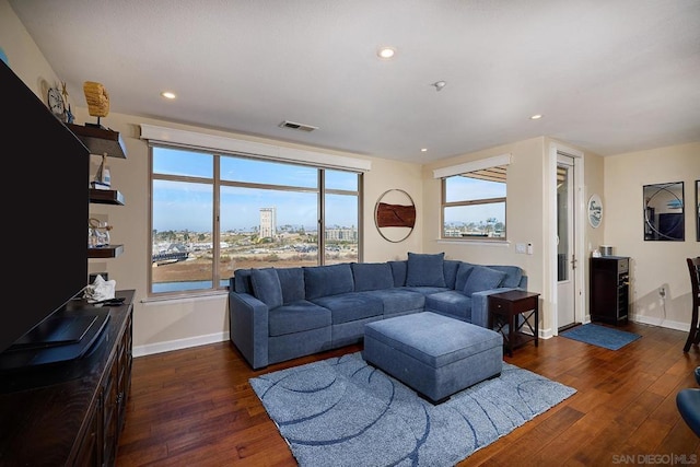 living room with dark hardwood / wood-style flooring