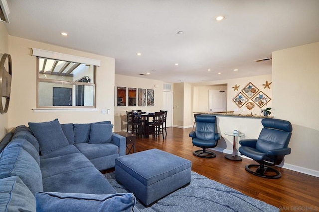 living room with dark wood-type flooring