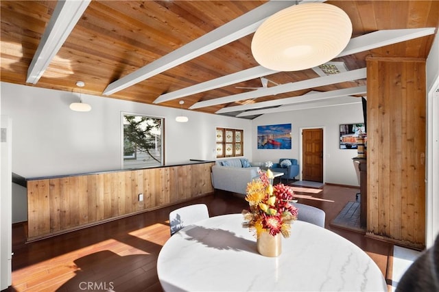 dining room with wood ceiling, wooden walls, beam ceiling, and dark wood-type flooring