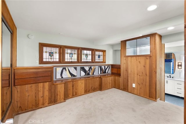 carpeted empty room with sink, a wealth of natural light, and wooden walls