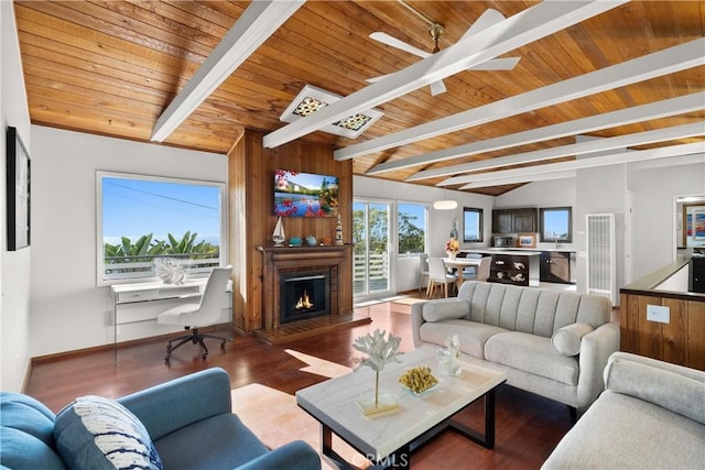 living room with dark hardwood / wood-style floors, lofted ceiling with beams, a large fireplace, and wooden ceiling