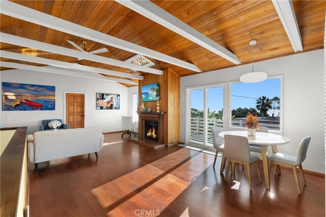 31955 10th Ave, Laguna Beach, CA 92651 - dining space with baseboards, a warm lit fireplace, dark wood-style flooring, and wooden ceiling