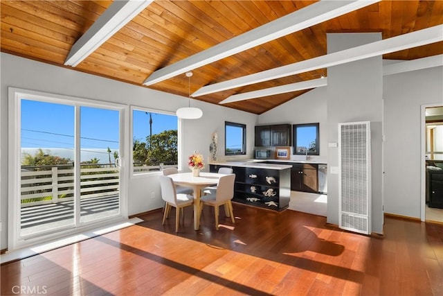 dining area with dark hardwood / wood-style flooring, wood ceiling, and beam ceiling