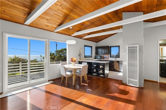 31955 10th Ave, Laguna Beach, CA 92651 - dining room with a heating unit, wooden ceiling, dark wood-style flooring, and baseboards