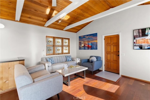 living room featuring hardwood / wood-style floors, vaulted ceiling with beams, and wooden ceiling