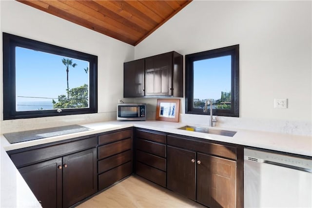 kitchen featuring lofted ceiling, sink, stainless steel appliances, dark brown cabinets, and wooden ceiling