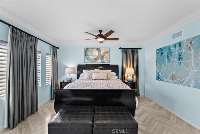 bedroom with ceiling fan, ornamental molding, and light parquet floors