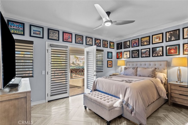 bedroom with light parquet floors and crown molding