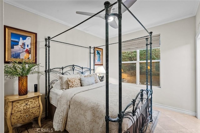 bedroom with ornamental molding, light tile patterned flooring, and ceiling fan