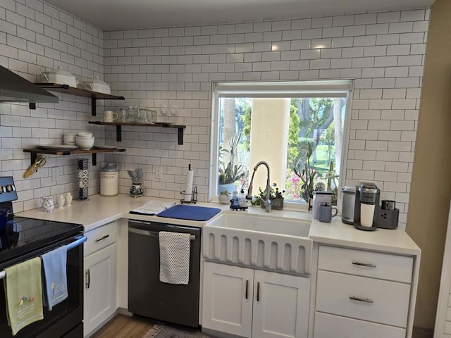 kitchen featuring white cabinetry, dishwasher, sink, decorative backsplash, and electric stove