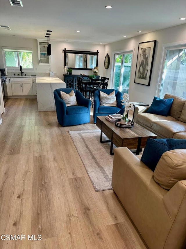 living room featuring sink and light hardwood / wood-style floors