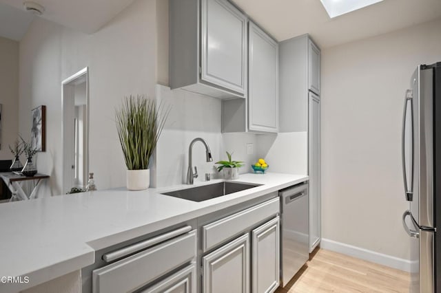 kitchen with sink, a skylight, light wood-type flooring, gray cabinets, and stainless steel appliances