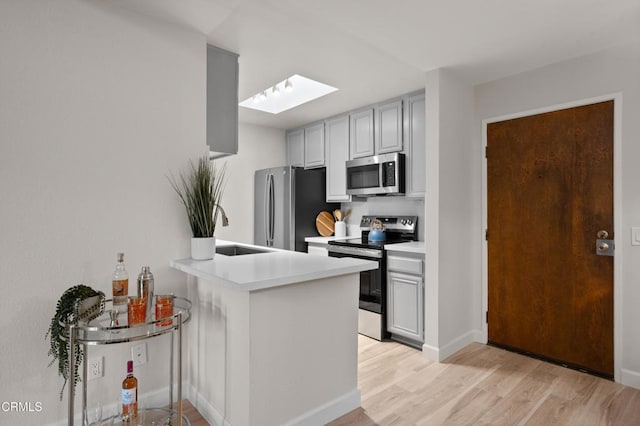 kitchen featuring sink, appliances with stainless steel finishes, a skylight, light hardwood / wood-style floors, and kitchen peninsula