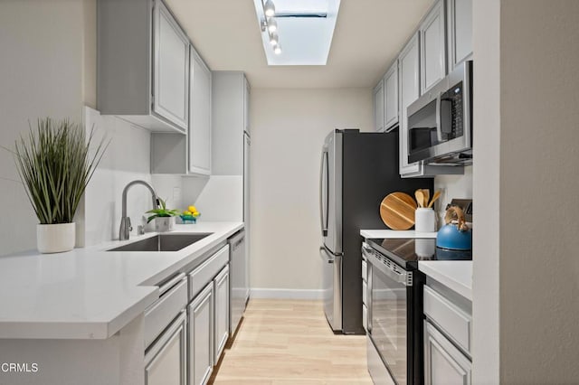 kitchen featuring stainless steel appliances, gray cabinets, sink, and light hardwood / wood-style flooring