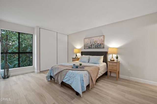 bedroom with light hardwood / wood-style flooring and a closet