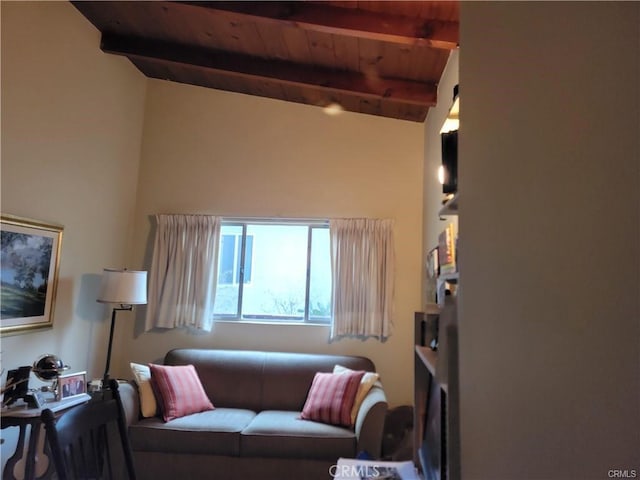 living room featuring vaulted ceiling with beams and wooden ceiling