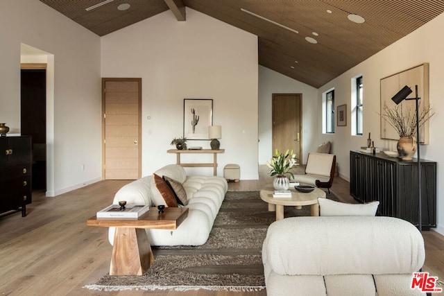 living room featuring beamed ceiling, wooden ceiling, high vaulted ceiling, and light hardwood / wood-style flooring