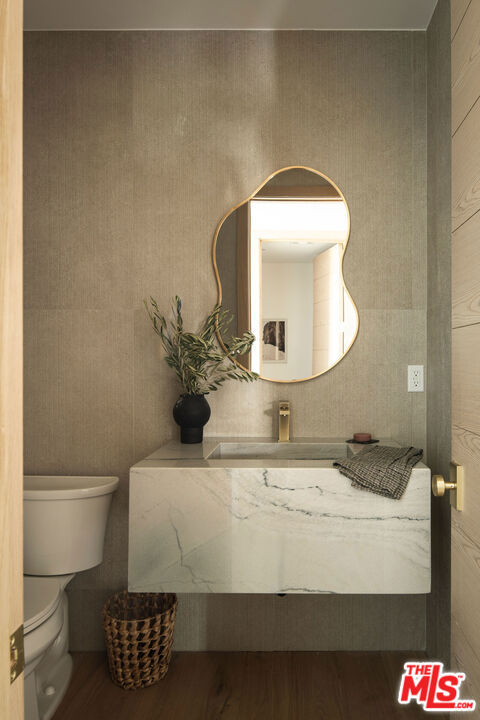 bathroom featuring wood-type flooring, toilet, and sink