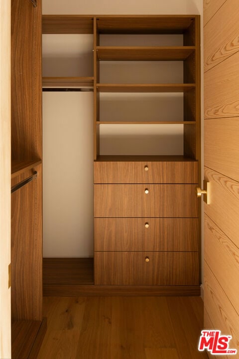 walk in closet with wood-type flooring