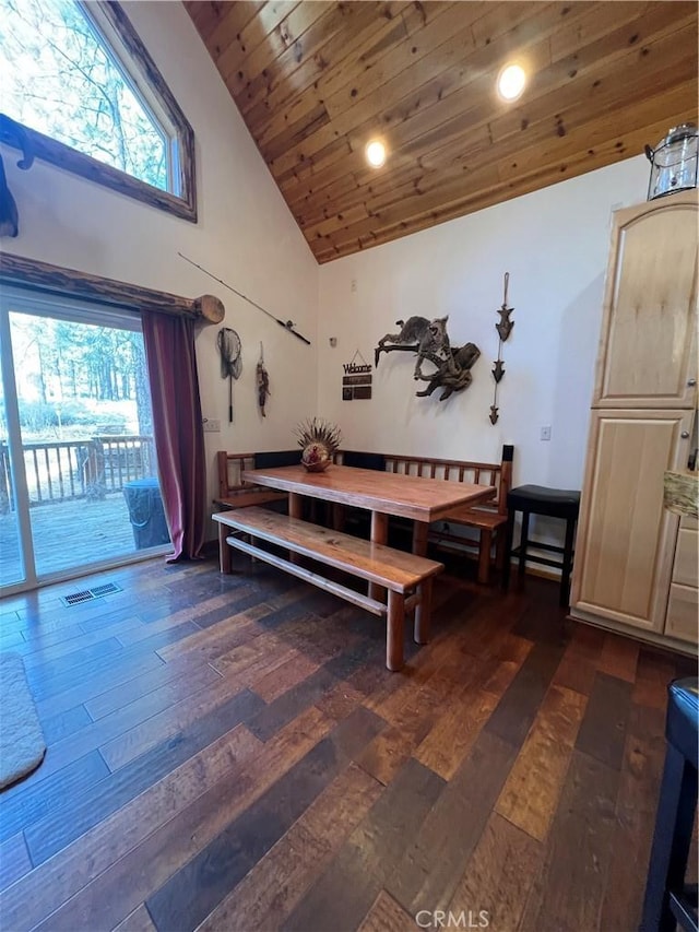 dining area featuring wood ceiling, dark wood-type flooring, and plenty of natural light