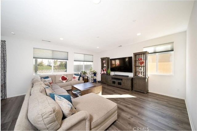 living room with dark hardwood / wood-style flooring