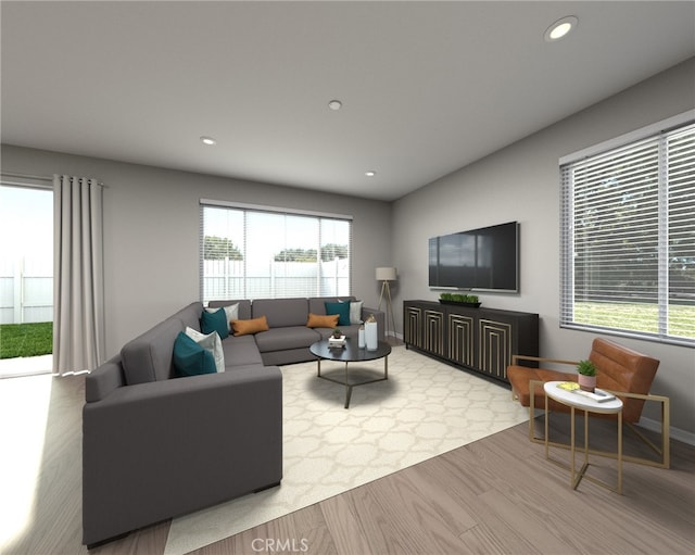 living room featuring a healthy amount of sunlight and light hardwood / wood-style flooring