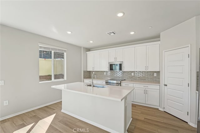 kitchen featuring a sink, visible vents, appliances with stainless steel finishes, backsplash, and light wood finished floors