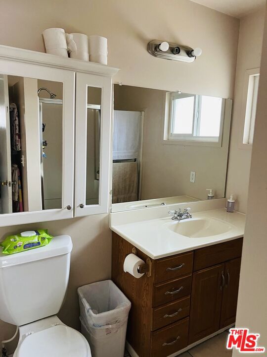 bathroom with vanity, a shower with door, and toilet