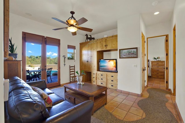 living area featuring baseboards, light tile patterned floors, recessed lighting, french doors, and a ceiling fan