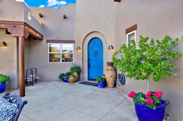 view of exterior entry with a patio area and stucco siding