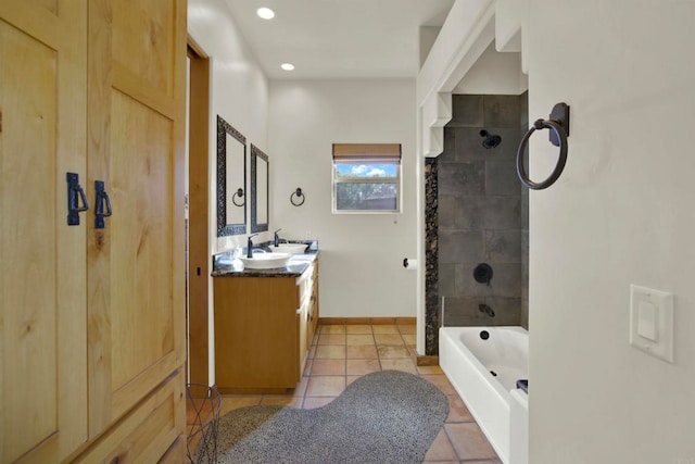 full bath featuring vanity, baseboards, recessed lighting, tile patterned flooring, and bathing tub / shower combination