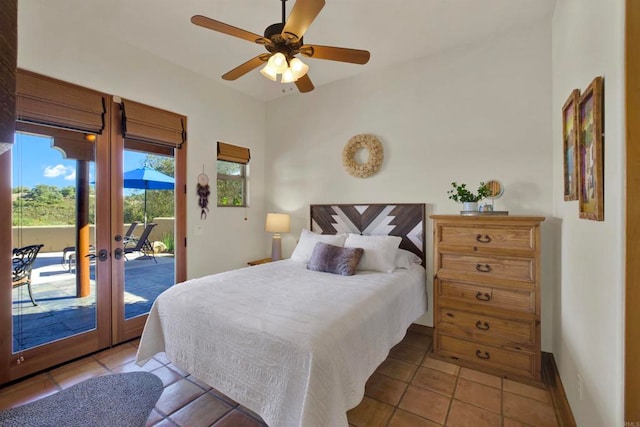 bedroom featuring baseboards, ceiling fan, tile patterned flooring, french doors, and access to outside