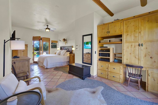 bedroom with light tile patterned floors, a ceiling fan, beamed ceiling, baseboards, and access to outside