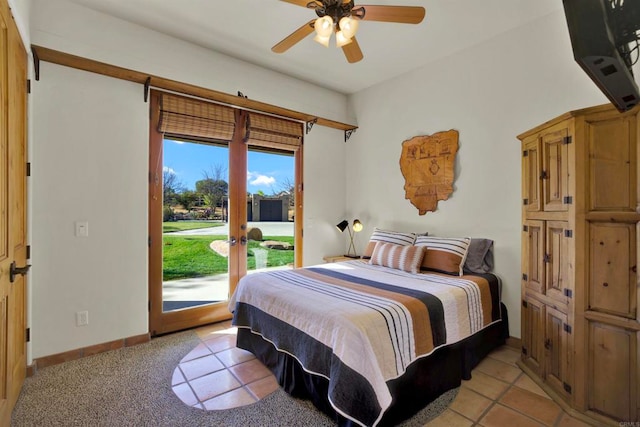 bedroom with access to outside, french doors, baseboards, and ceiling fan